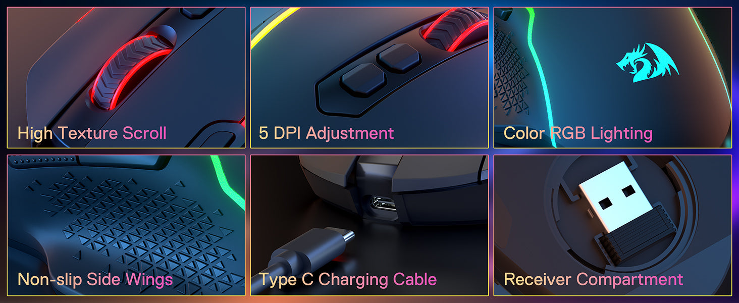 Redragon M810 MAX 3-Mode Wireless Gaming Mouse, 12000 DPI Wired/Wireless RGB Mouse,Rapid Fire Key, 8 Macro Buttons