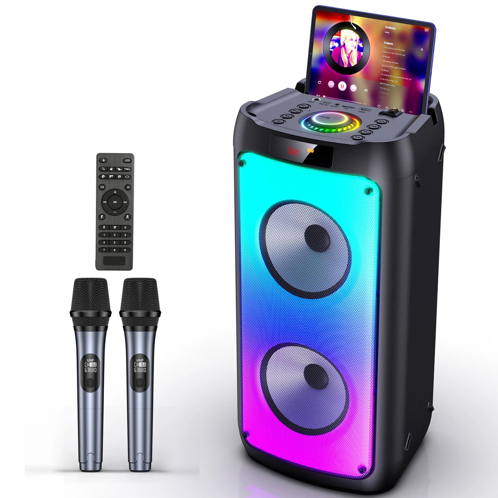 Wireless Bluetooth Speaker, Karaoke Machine with 2 Microphone LED Light