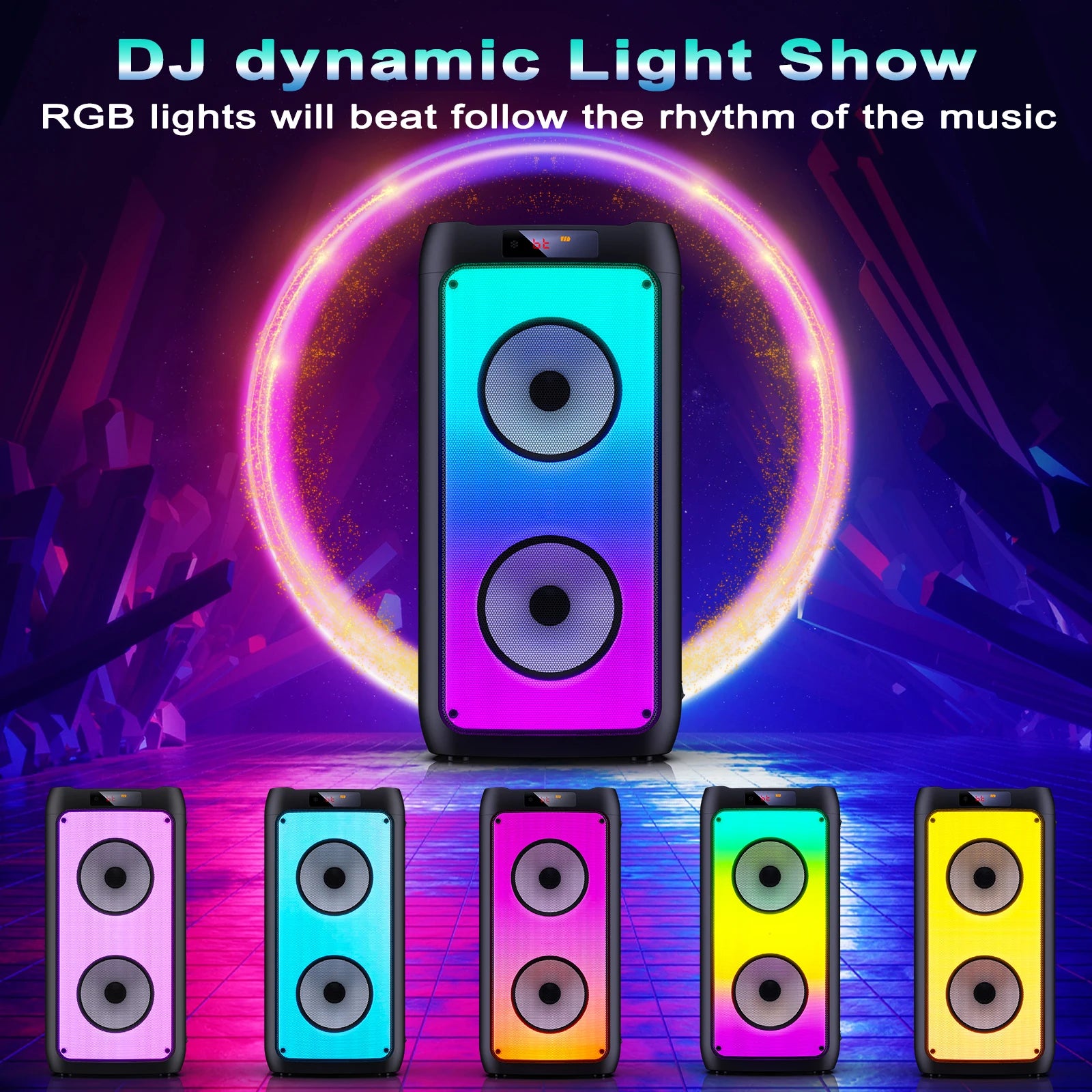 Wireless Bluetooth Speaker, Karaoke Machine with 2 Microphone LED Light