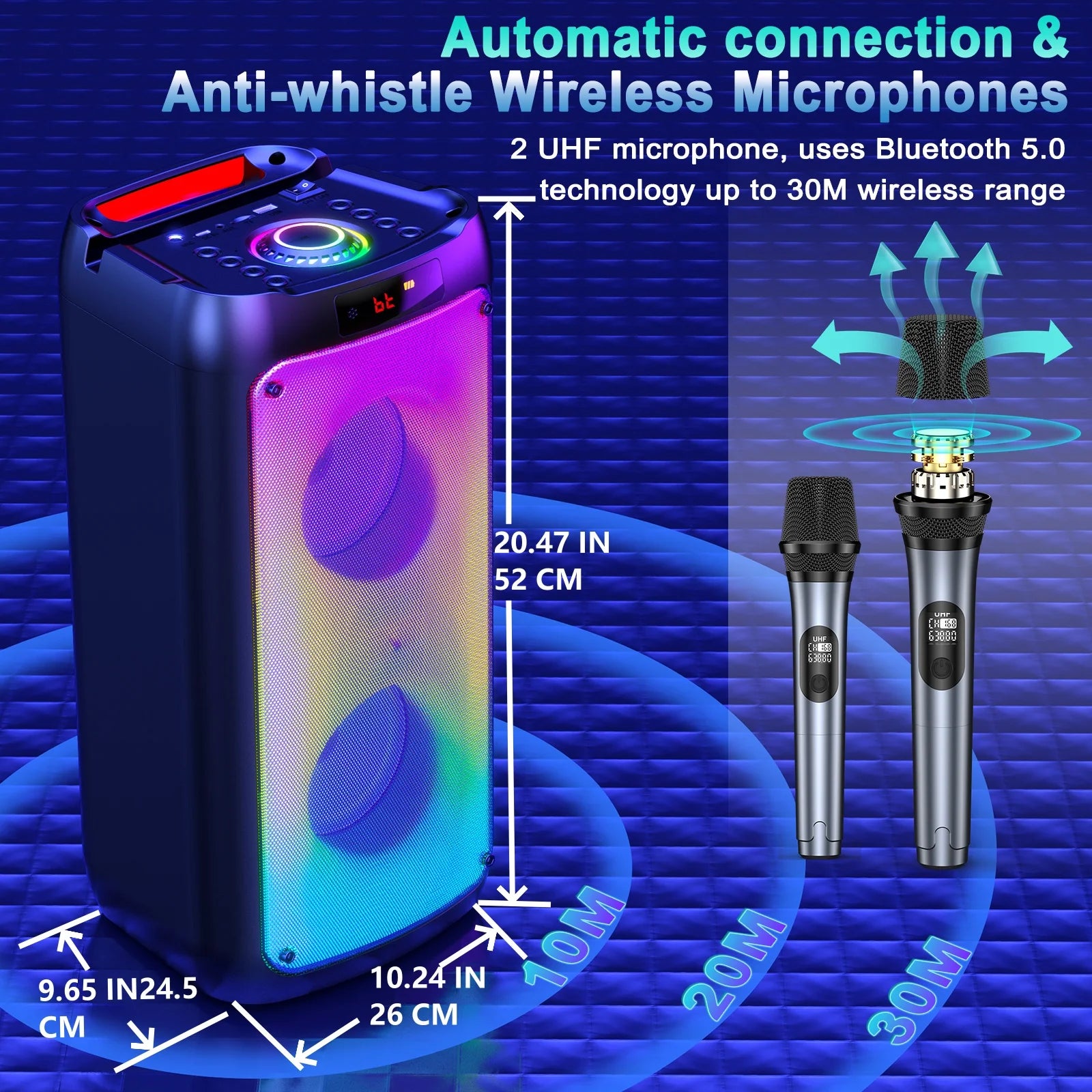 Wireless Bluetooth Speaker, Karaoke Machine with 2 Microphone LED Light