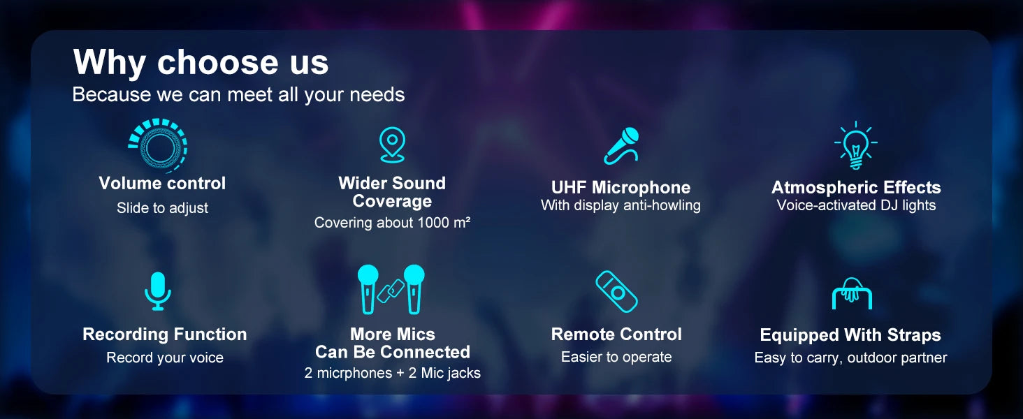 Wireless Bluetooth Speaker, Karaoke Machine with 2 Microphone LED Light