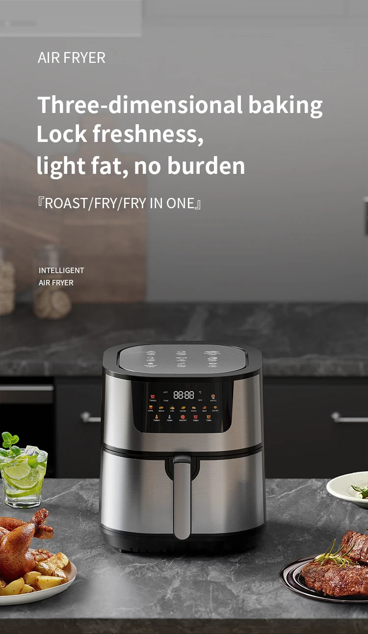 15L Large Capacity Stainless Steel Air Fryer Dual Heating Tubes Detachable Double Baskets Healthy Cooking Roast Bake Grill