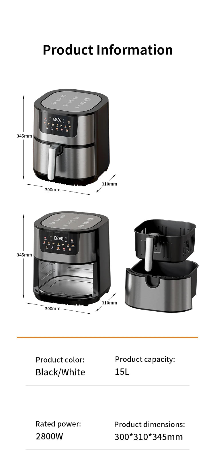 15L Large Capacity Stainless Steel Air Fryer Dual Heating Tubes Detachable Double Baskets Healthy Cooking Roast Bake Grill