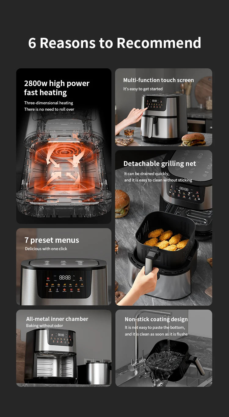 15L Large Capacity Stainless Steel Air Fryer Dual Heating Tubes Detachable Double Baskets Healthy Cooking Roast Bake Grill