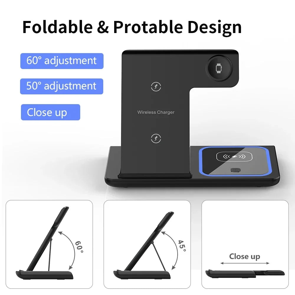 3 in 1 Folding Wireless Charger Stand For iPhone 17 16 15 14 13 12 Pro Max Fast Charging Station For Apple Watch 11-2 SE Airpods