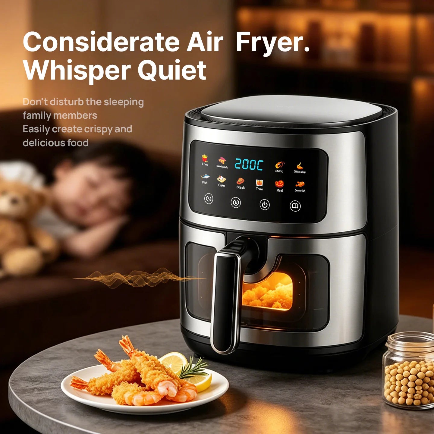 8L Stainless Steel Air Fryer with Clear Viewing Window 8 One-Touch Smart Presets Oil-Free Crispy Cooker Non-Stick Basket Whisper