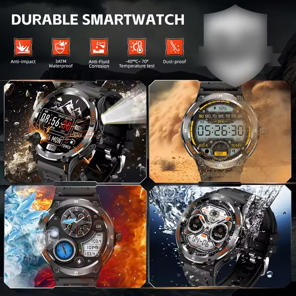 KT76 Sports Smartwatch Men With Flashlight 1.53-inch HD Screen BT Calls 3ATM Waterproof Compass Health Monitor