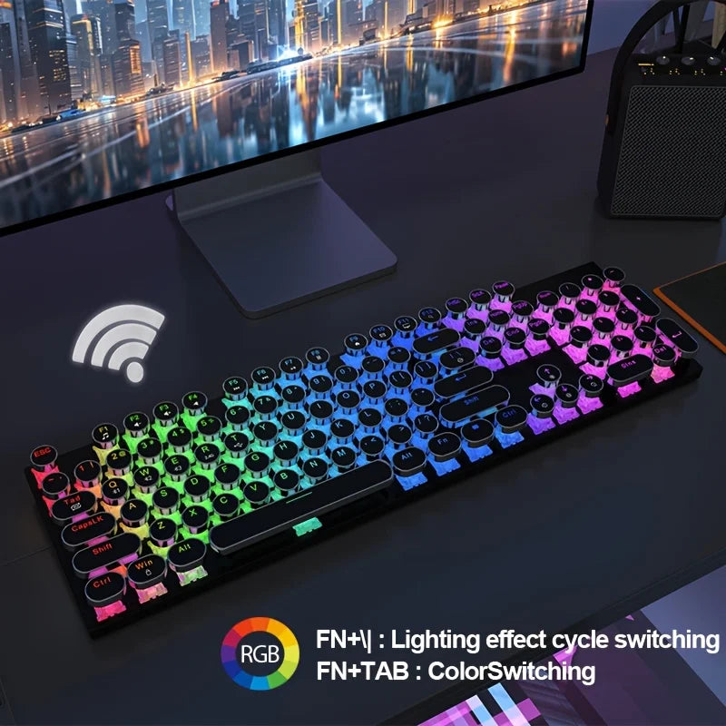 RGB Wireless Punk Typewriter Mechanical Keyboard Round Keycaps Key Game