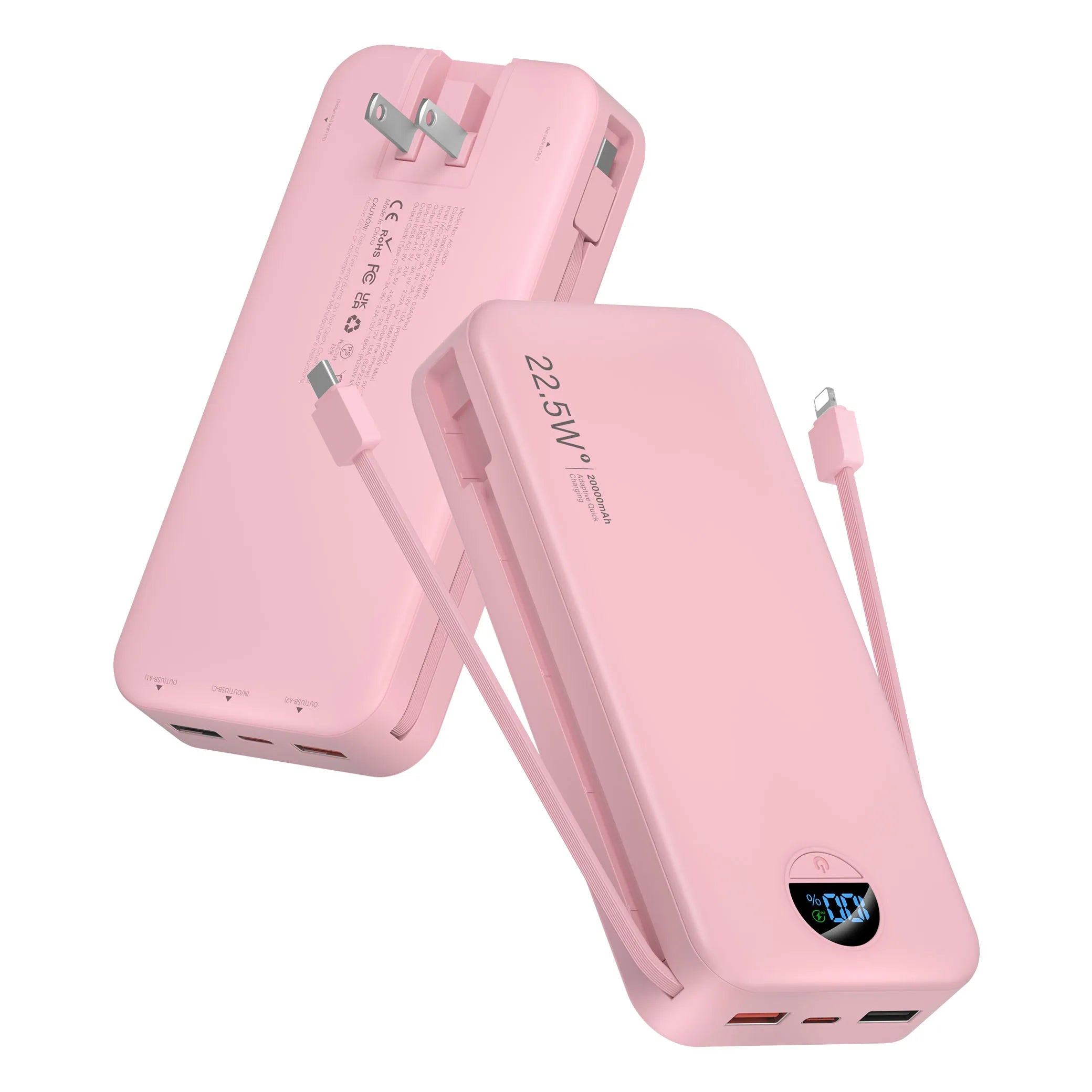 Power Bank with Built-in AC Plug & Dual Cables, PD20W Fast Charging Type-C