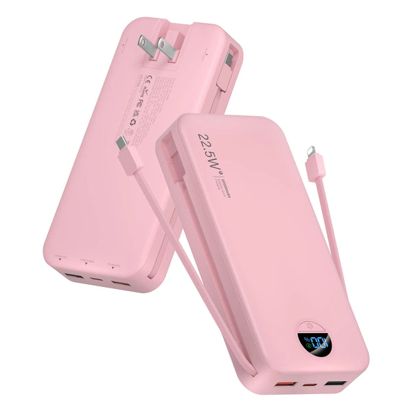 Power Bank with Built-in AC Plug & Dual Cables, PD20W Fast Charging Type-C