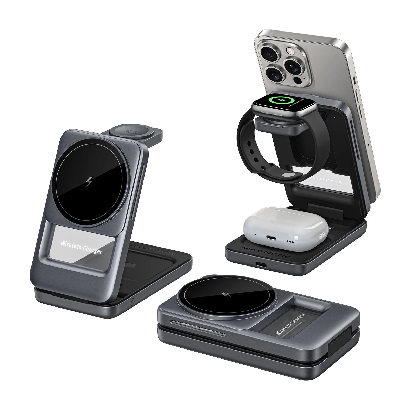 3 in 1 Wireless Charger Stand for iPhone 17 16 15 14 13, Apple Watch & AirPods Pro Foldable Travel Design & Night Light