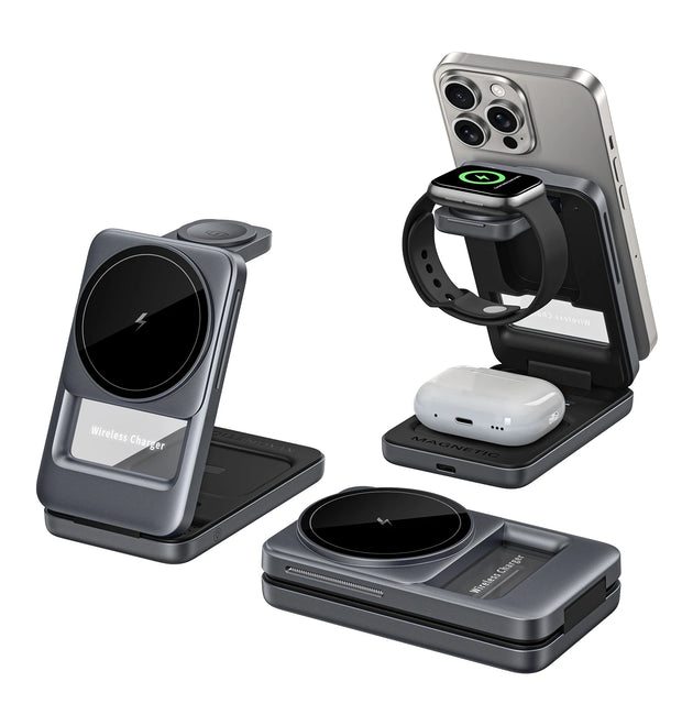 3 in 1 Wireless Charger Stand for iPhone 17 16 15 14 13, Apple Watch & AirPods Pro Foldable Travel Design & Night Light