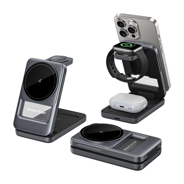 3 in 1 Wireless Charger Stand for iPhone 17 16 15 14 13, Apple Watch & AirPods Pro Foldable Travel Design & Night Light