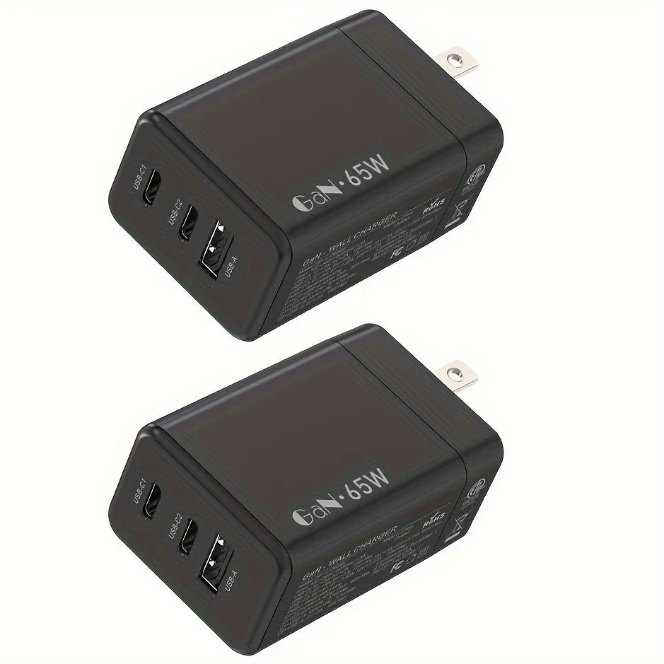 For Laptop Charger , 65W GaN 3 Port USB C Power Adapter With Type C Charging