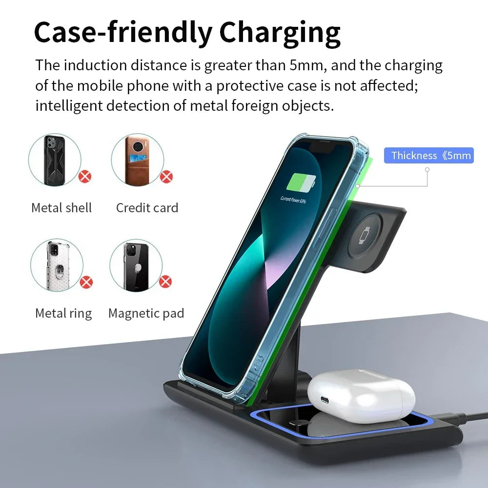 3 in 1 Folding Wireless Charger Stand For iPhone 17 16 15 14 13 12 Pro Max Fast Charging Station For Apple Watch 11-2 SE Airpods
