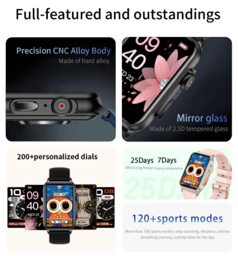H23 Smart Watch Women 1.57 Inch HD Screen Zinc Alloy Shell Mirror Glass 200+Wallpaper Bluetooth Calls Sports Fashion Smartband