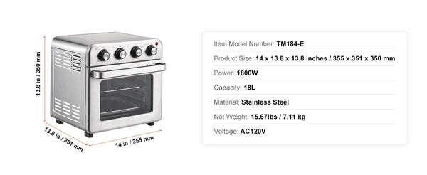SucceBuy 18L 1700W Air Fryer Toaster Oven Stainless Steel Toaster Ovens Countertop Combo with Grill Home and Commercial Use