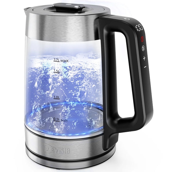 DEVISIB Dual Wall Electric Glass Kettle, Live Temperature Display, 2200W Fast Boiling, Temperature Control, 24-Hour Keep Warm