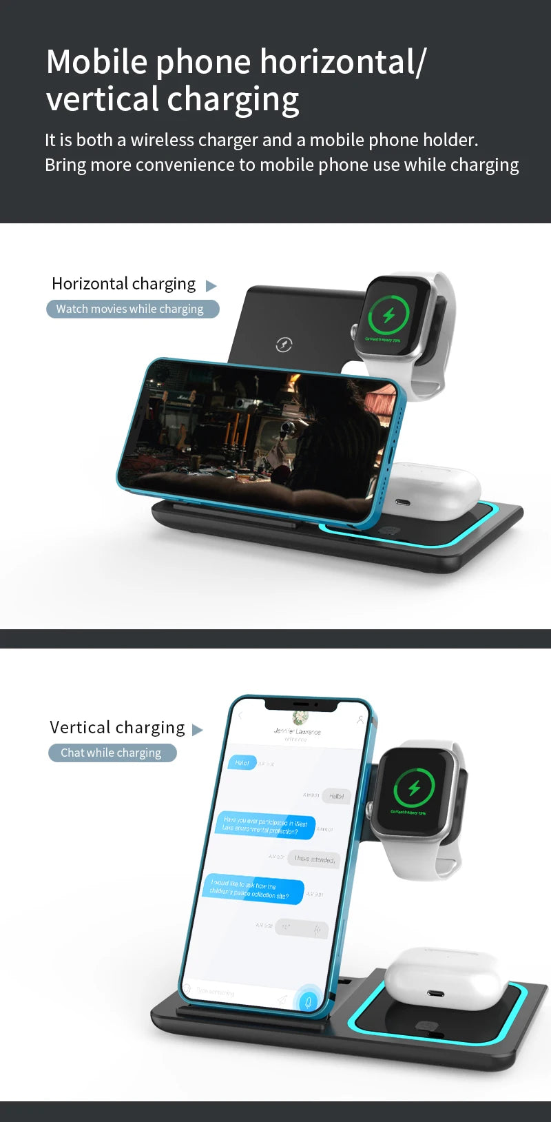 3 in 1 Wireless Charging Station Travel Charging Pad for iPhone 12~17 Series,iWatch and Airpods  15W  Fast Charger Foldable