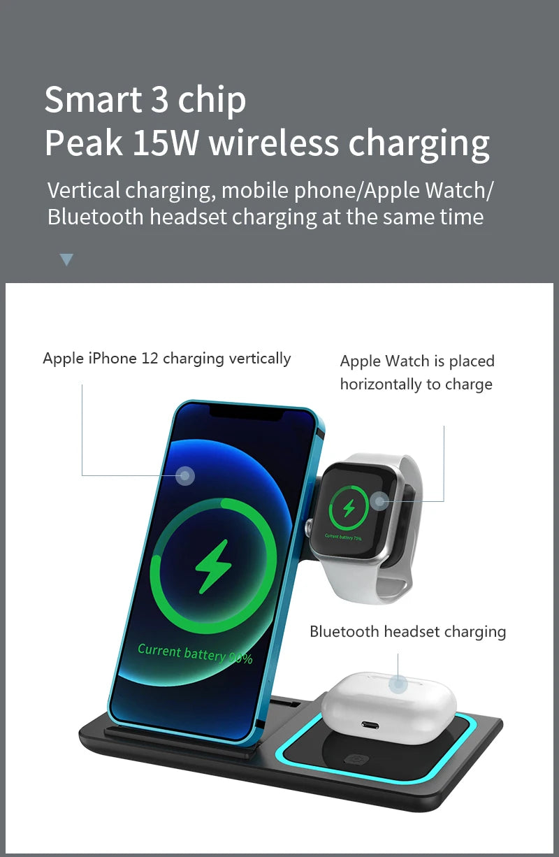 3 in 1 Wireless Charging Station Travel Charging Pad for iPhone 12~17 Series,iWatch and Airpods  15W  Fast Charger Foldable