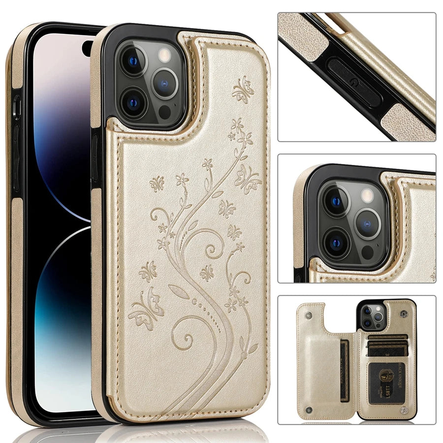 Wallet Butterfly Embossing Slot Magnetic Flip Leather Case For iPhone Plus Cover