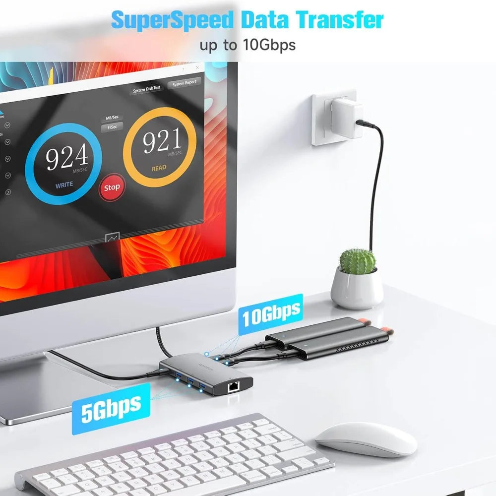 Multiport USB C Hub with RJ45 1Gbps Ethernet Adapter Dock for Laptops