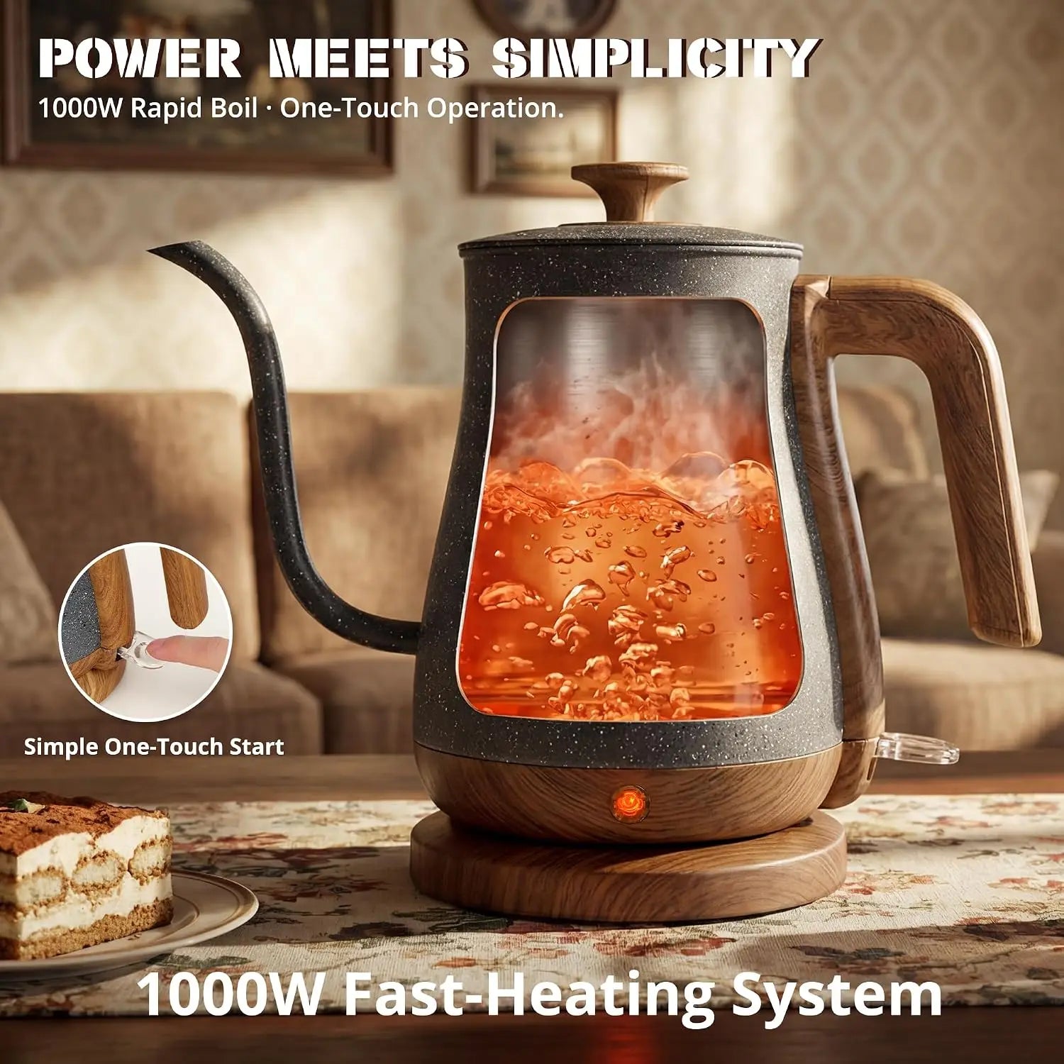 1000W Electric Kettle, 0.8L Stainless Steel, Auto Shut-Off, Gooseneck Pour, Wood-Grain Handle