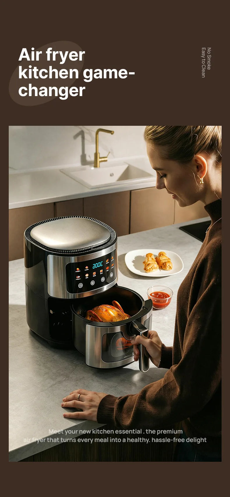 8L Stainless Steel Air Fryer with Clear Viewing Window 8 One-Touch Smart Presets Oil-Free Crispy Cooker Non-Stick Basket Whisper