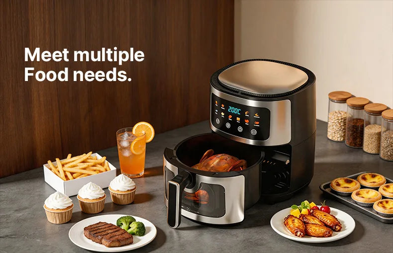 8L Stainless Steel Air Fryer with Clear Viewing Window 8 One-Touch Smart Presets Oil-Free Crispy Cooker Non-Stick Basket Whisper