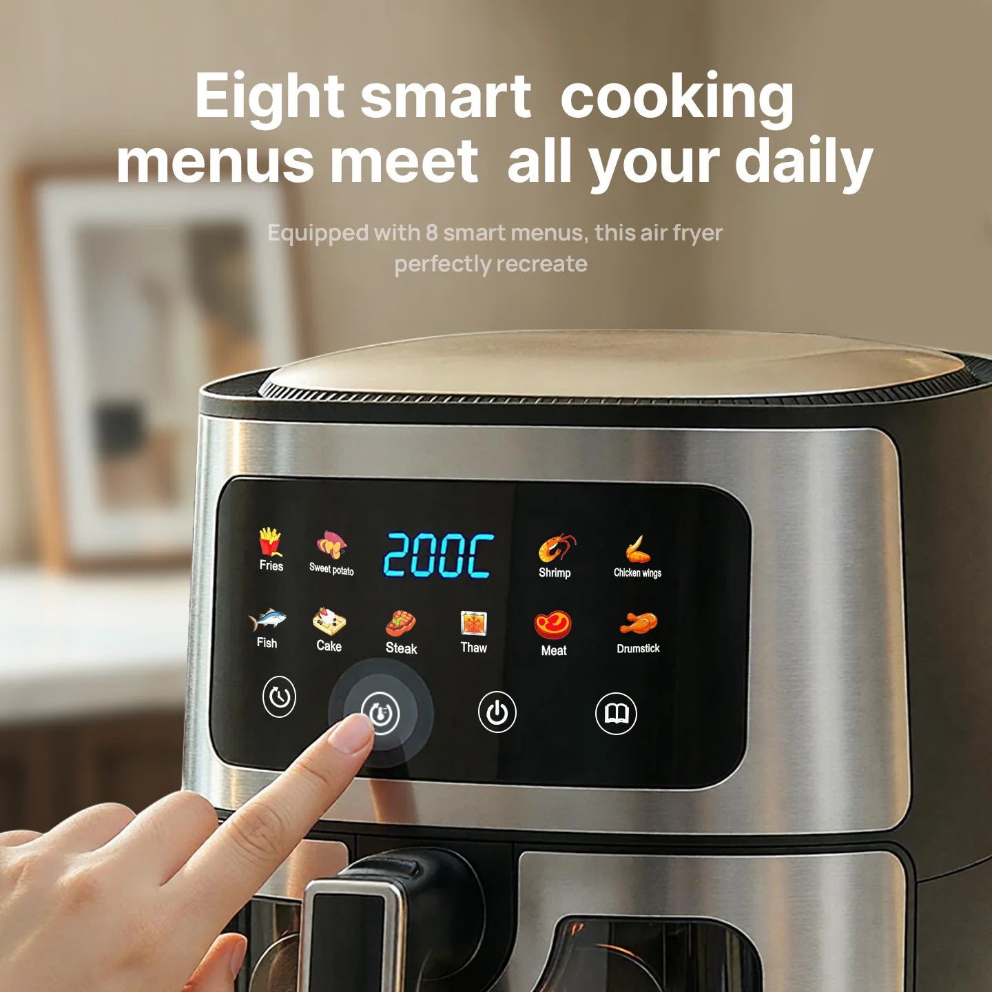 8L Stainless Steel Air Fryer with Clear Viewing Window 8 One-Touch Smart Presets Oil-Free Crispy Cooker Non-Stick Basket Whisper