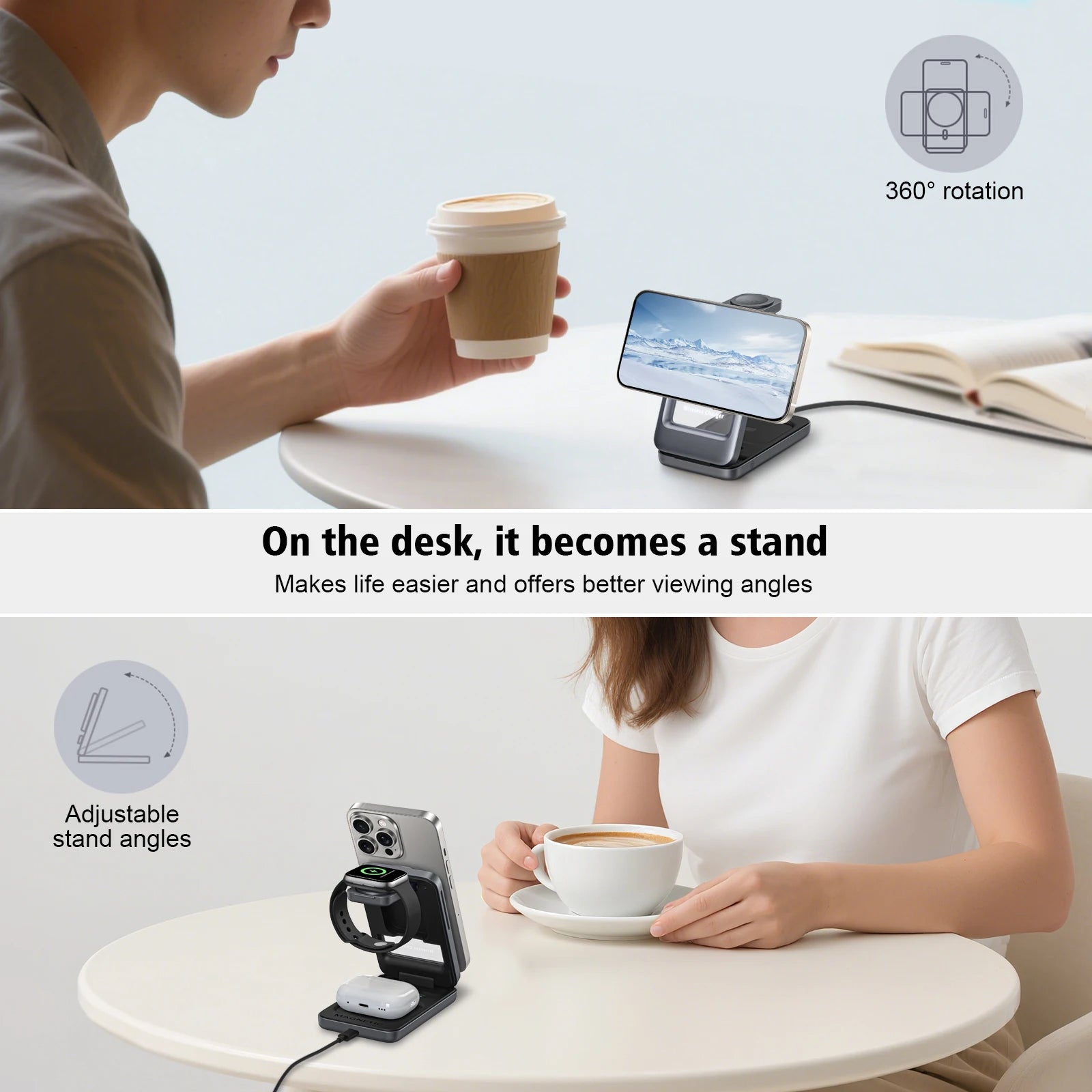 3 in 1 Wireless Charger Stand for iPhone 17 16 15 14 13, Apple Watch & AirPods Pro Foldable Travel Design & Night Light