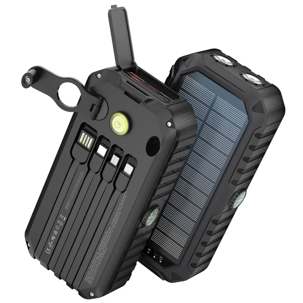 Solar Power Bank with Hand Crank Type-C Fast Charging, Bright LED Light