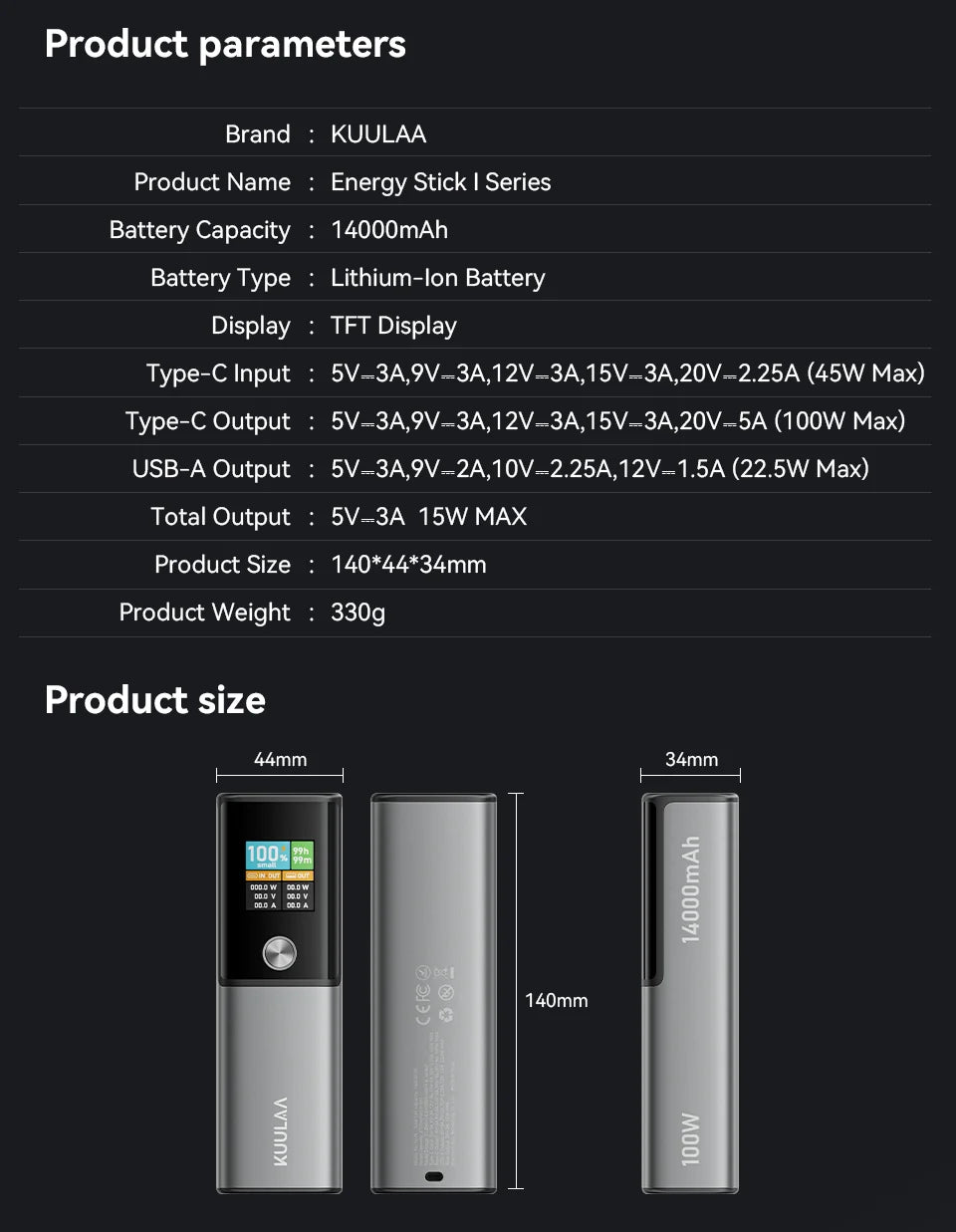 KUULAA Power Bank 14000mAh Portable Charger 100W PD Fast Charging External Battery PowerBank for Macbook for iPad Laptop Notbook