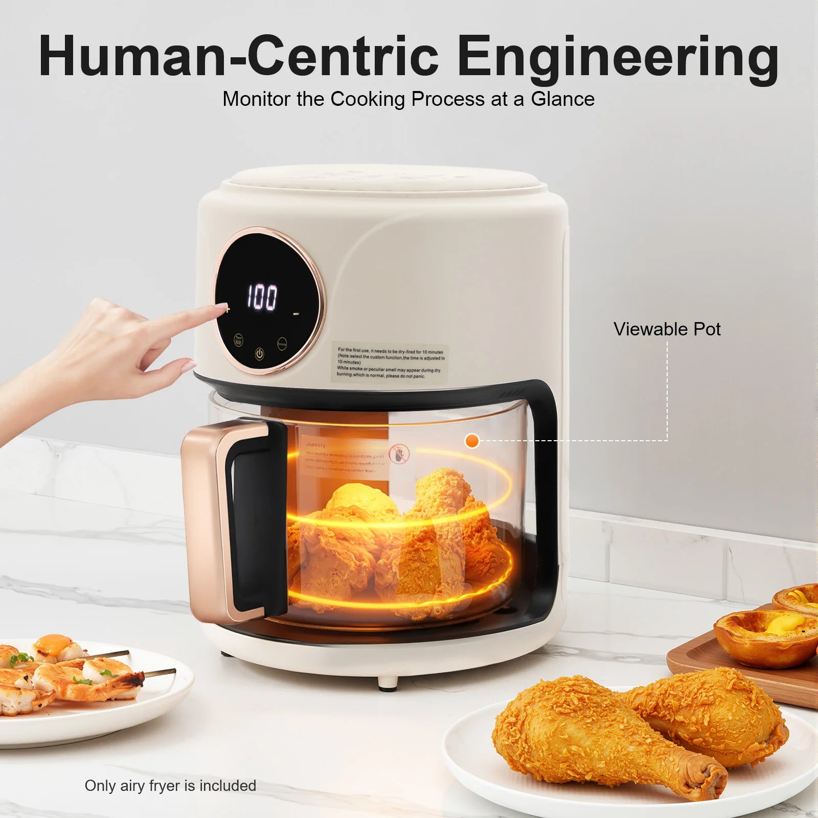 Visible Window Air Fryer 4.44Qt, 1200W Rapid Heating Glass Fryer with 8 Presets, Non-stick Borosilicate Glass Pot, 110V US Plug, for Fries, Wings (White)