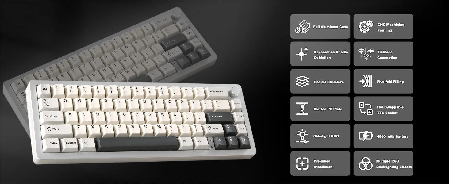 Aluminum Knob Wireless Bluetooth Wired Hot Swap Gasket Mounted RGB Keyboard