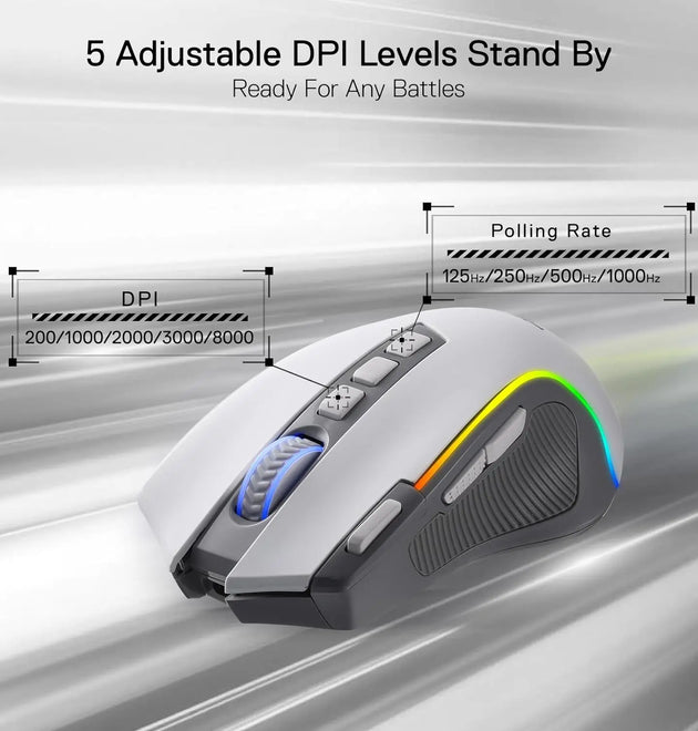 Redragon M612 PRO RGB BT 2.4G Gaming Gamer Mouse, 8000 DPI Wireless Optical 9 Programmable Buttons 7 Backlit Modes, B