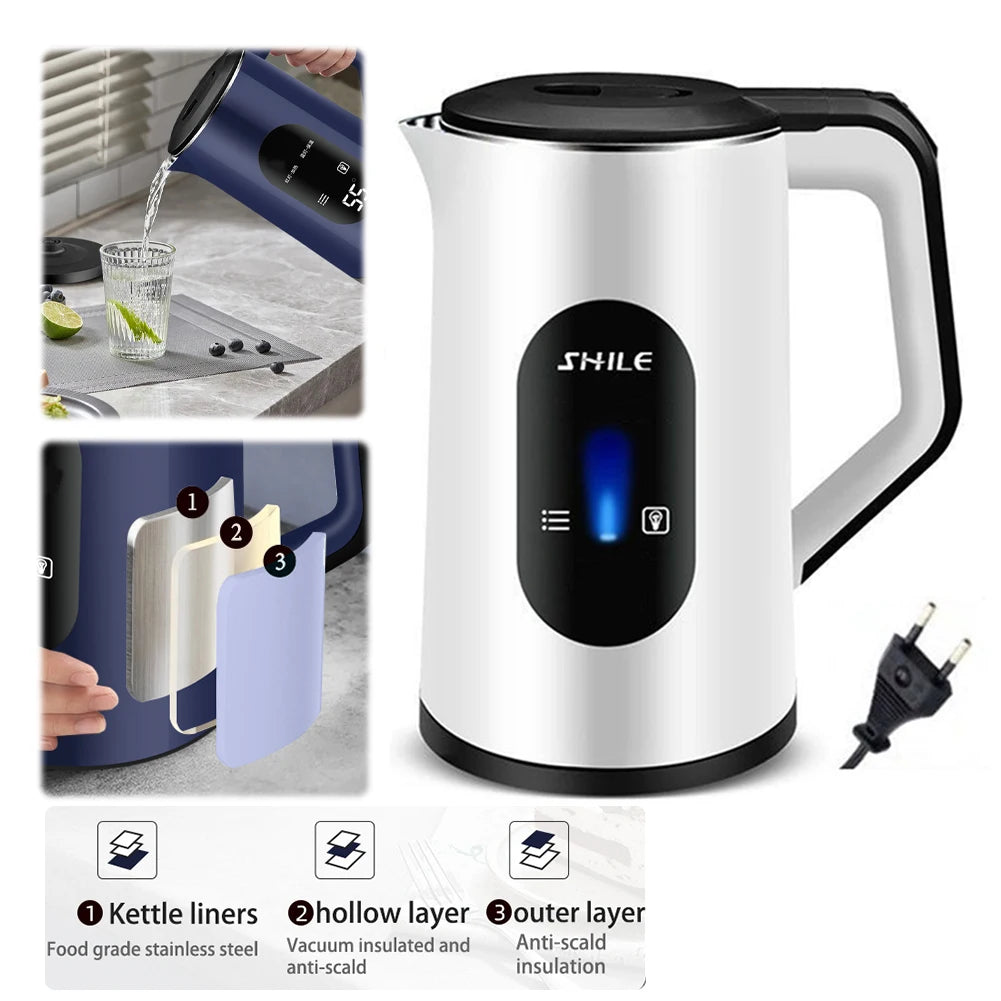 2.2L Stainless Steel Electric Digital Display Large Tea Kettle 1500W Fast Boil Thermal Water Kettle for Making Tea and Coffee