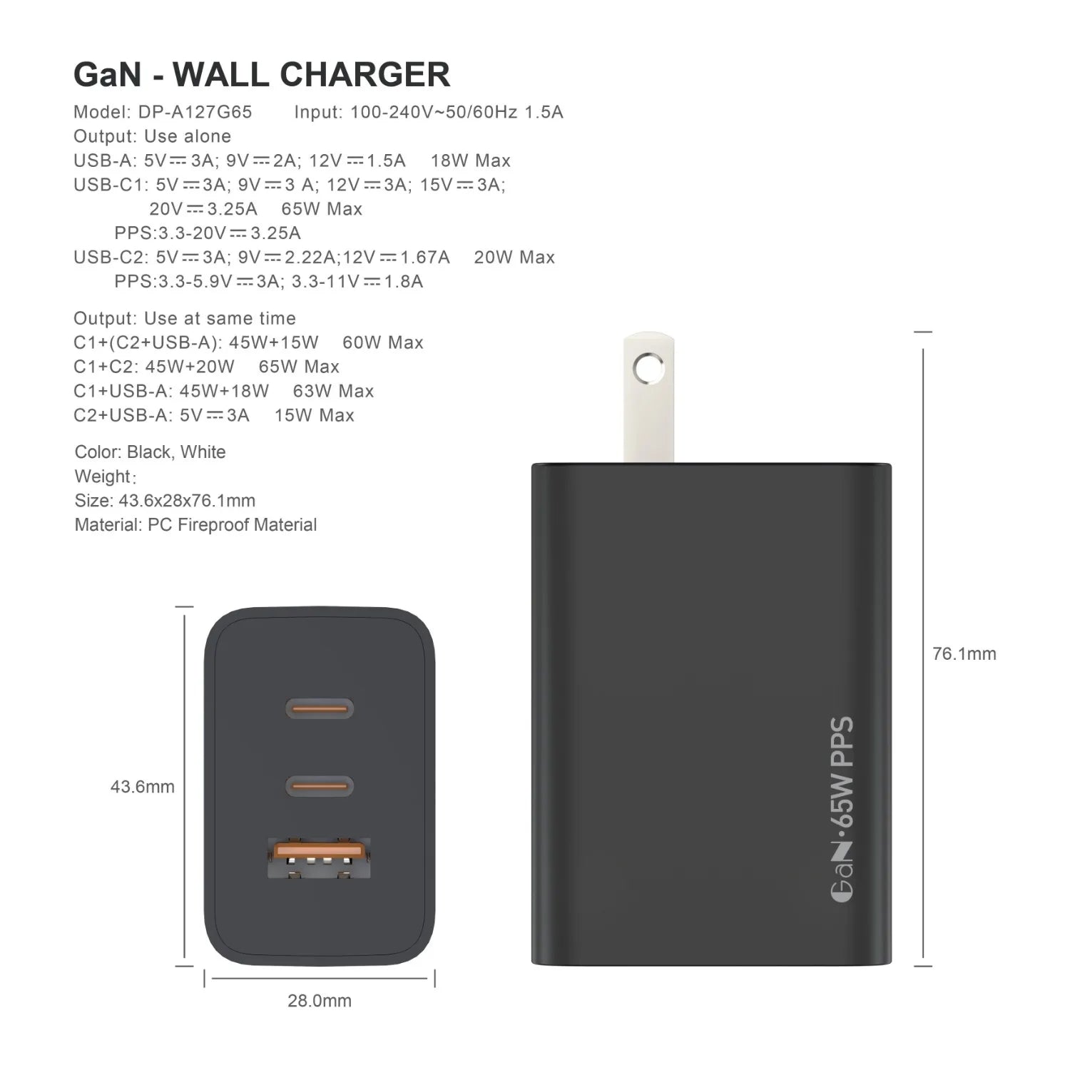 For Laptop Charger , 65W GaN 3 Port USB C Power Adapter With Type C Charging