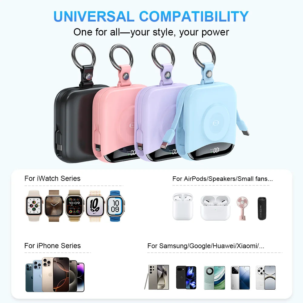 Power Bank for Apple Watch Wireless Charger Built-in Lightning Type-C Cables