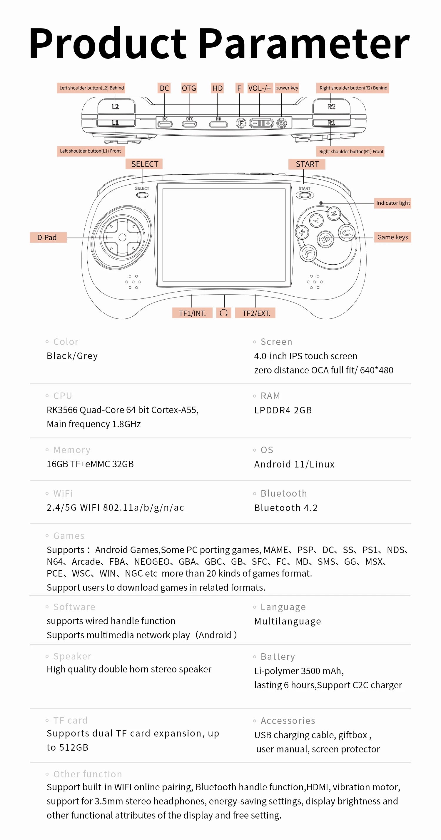 ANBERNIC RG ARC-D RG ARC-S Retro Games RK3566 4.0INCH 640*480 Handheld Game Console Emulator LINUX Android System 3500mAh HD-Out