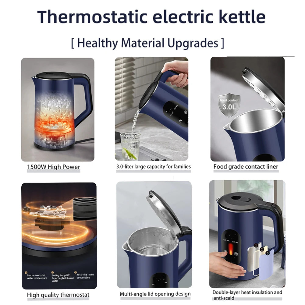 2.2L Stainless Steel Electric Digital Display Large Tea Kettle 1500W Fast Boil Thermal Water Kettle for Making Tea and Coffee