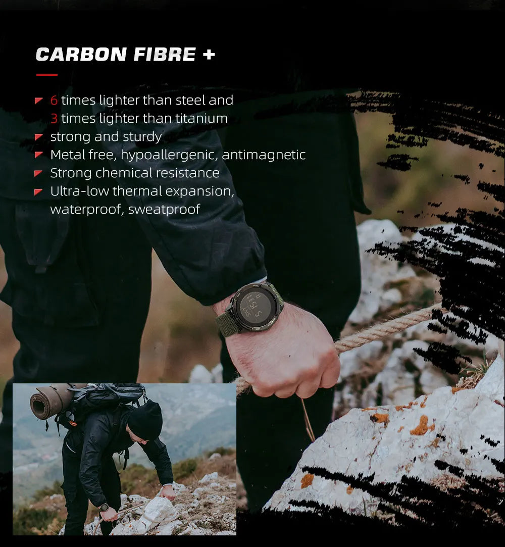 NORTH EDGE ALPS Men's Carbon fiber Digital Watch Shock Militray Sports Super Light Outdoor Compass Waterproof 50M Wristwatches