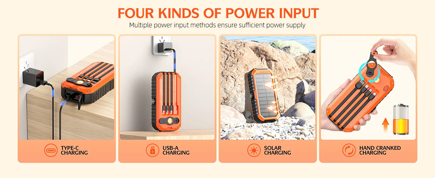 Solar Charger Power Bank 40000mAh Built in 4 Cables and Hand Crank
