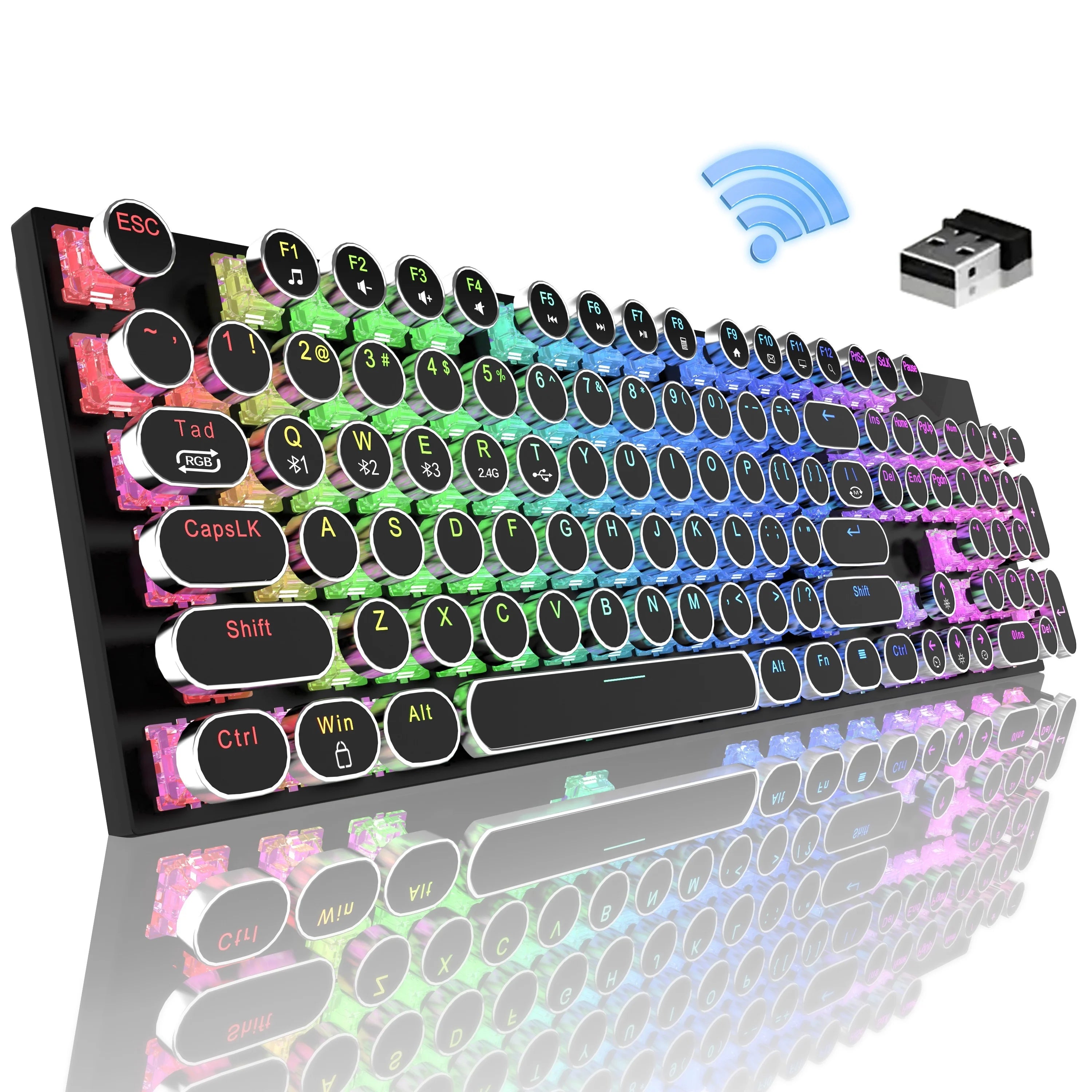 RGB Wireless Punk Typewriter Mechanical Keyboard Round Keycaps Key Game