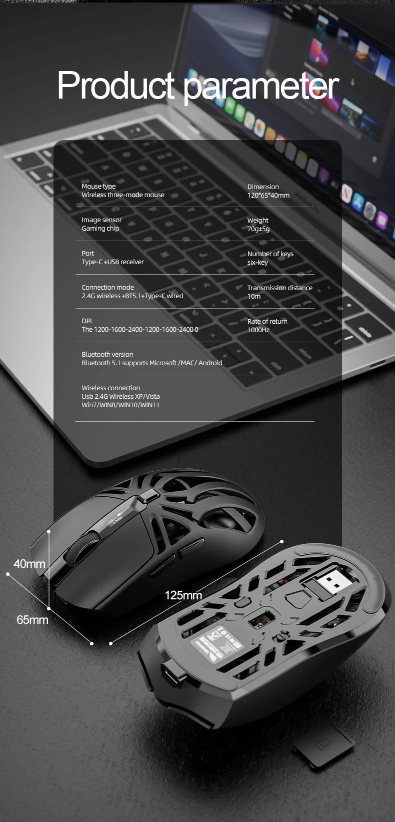 SMAILWOLF RS8 Gaming Mouse Bluetooth Wireless Three-mode Lightweight Hollow Design 1K Return Computer Long Battery Life