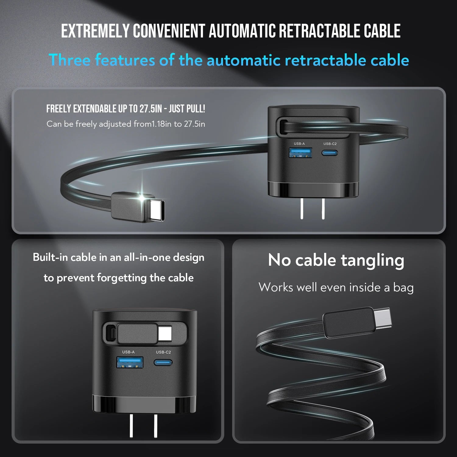 65W GaN Fast Charger with Retractable Cable, Foldable Plug, Quick Charging