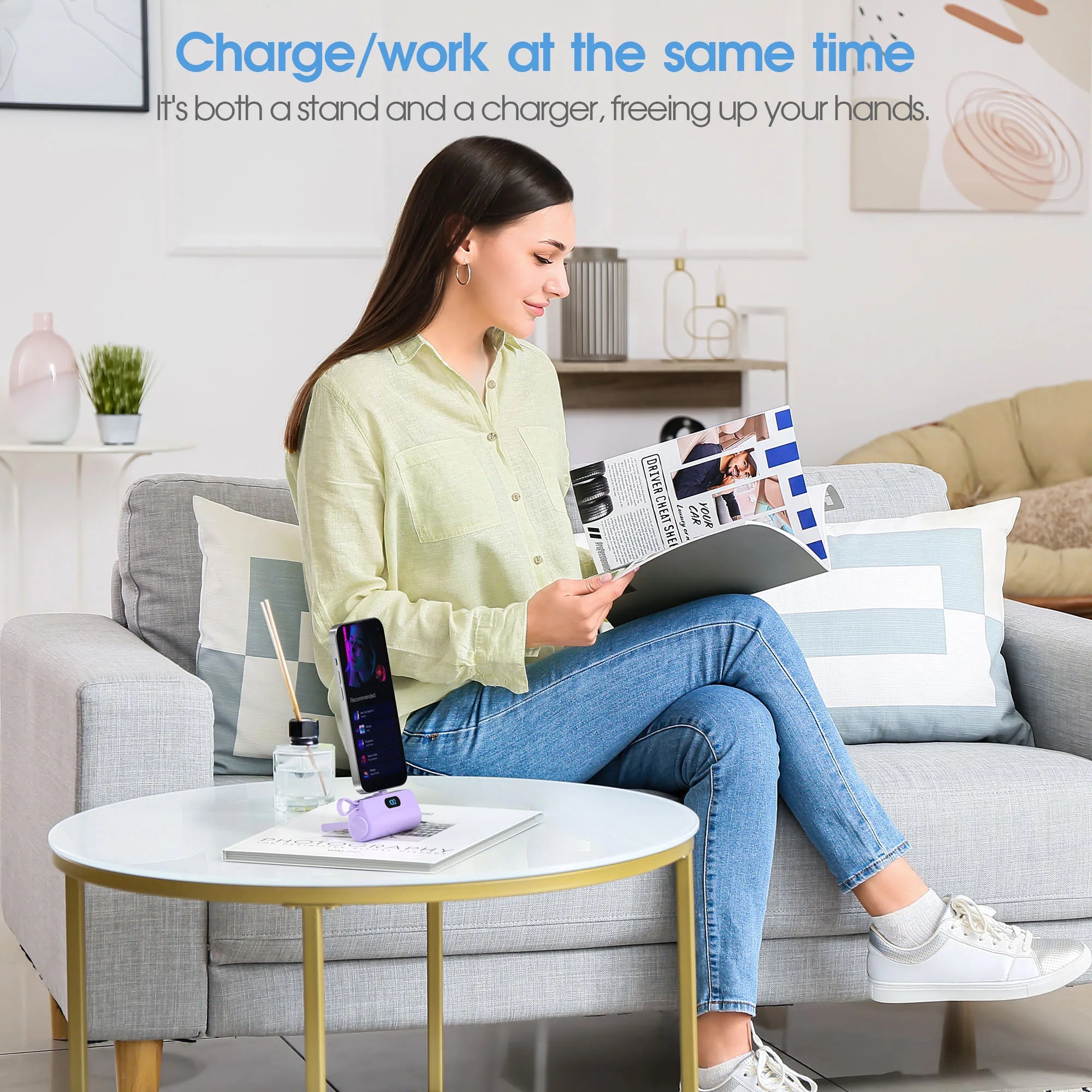 Mini Portable Charger with Built in Lightning port Type-C Cable, Foldable Stand,