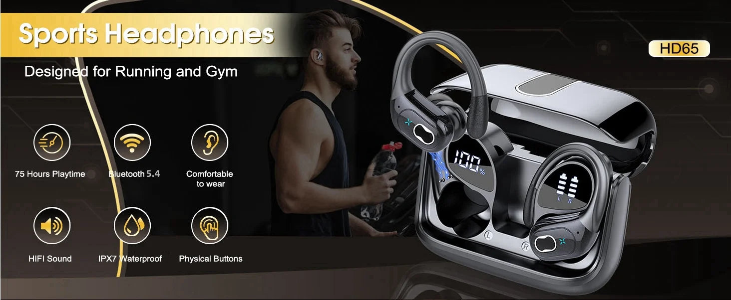 TWS Sports Earbuds Bluetooth 5.4 HIFI Bass Wireless Headphones LED Touch