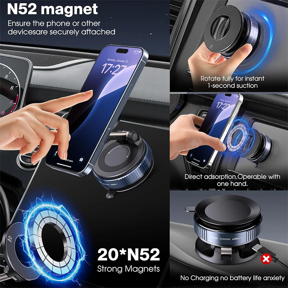 Magnetic Phone Holder Foldable Design 360° Adjustable Vacuum Car Mount