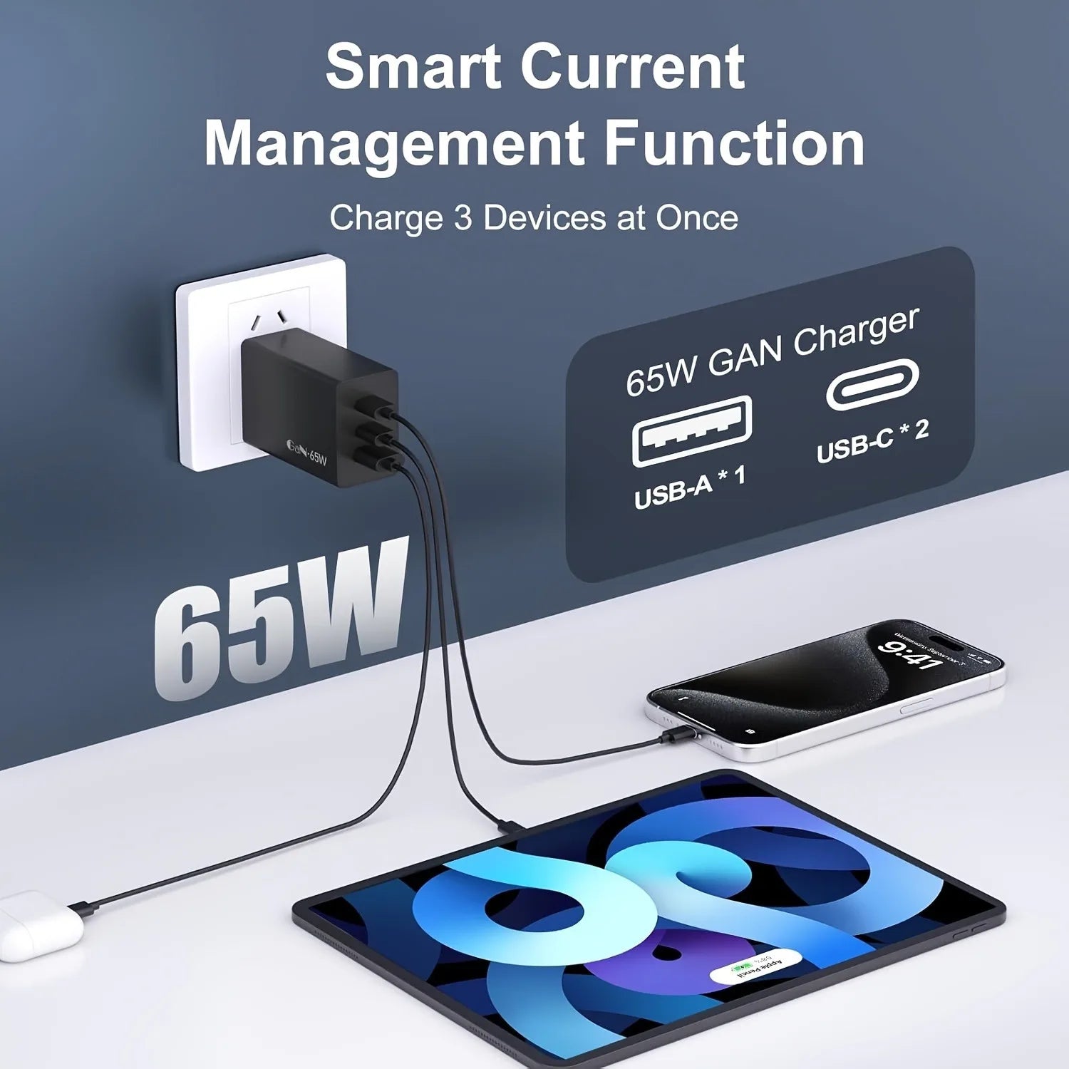 For Laptop Charger , 65W GaN 3 Port USB C Power Adapter With Type C Charging